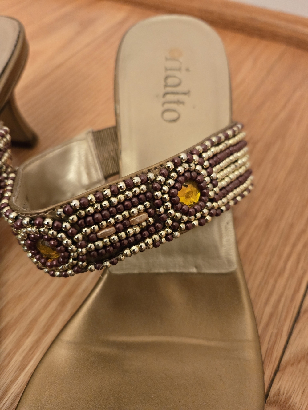 Rialto Gold Beaded Toe-Ring Slide Sandals with Amber Gems - Picture 3 of 5